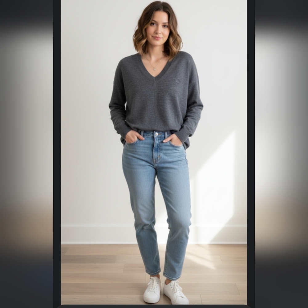J. Crew Charcoal V-Neck Merino Wool Oversized Sweater, Sz XS